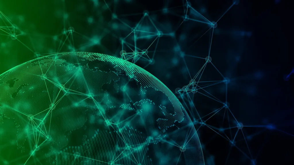 Abstract image of a green digital globe with interconnected lines and nodes on a dark background, conveying market accessibility in pharma landscapes .