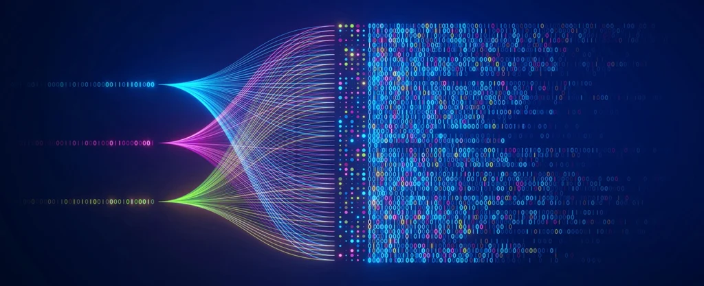 Colorful data streams and binary code visualization representing Fulcrum Research Group’s focus on healthcare market research.