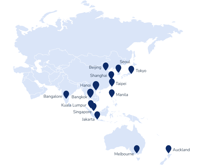 Oceania map showing the deep expertise of SAI MedPartners' Asia team across Asia.