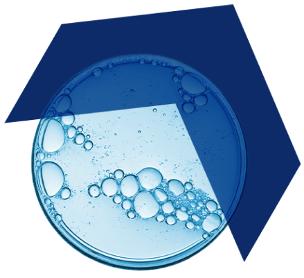 Blue petri dish with bubbles overlaid by a blue upward left arrow symbolizing scientific research and specialized healthcare insights.