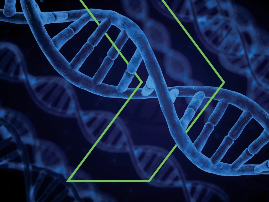 DNA strands with a green arrow intertwining