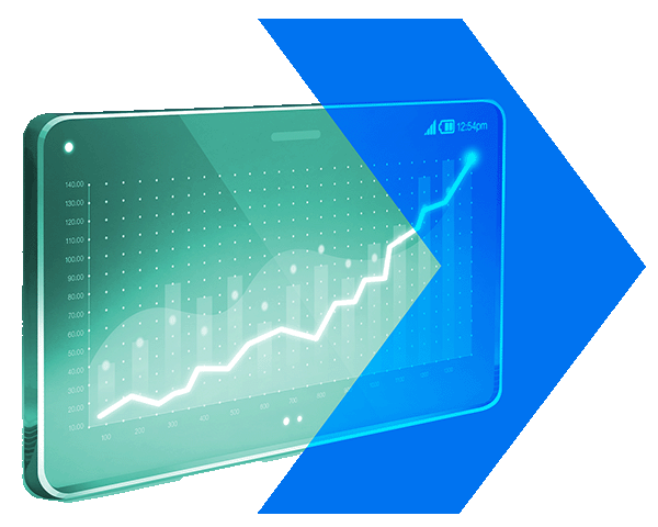 A green futuristic tablet with a graph overlaid by a blue right arrow, representing SAI MedPartner's secondary competitive intelligence.