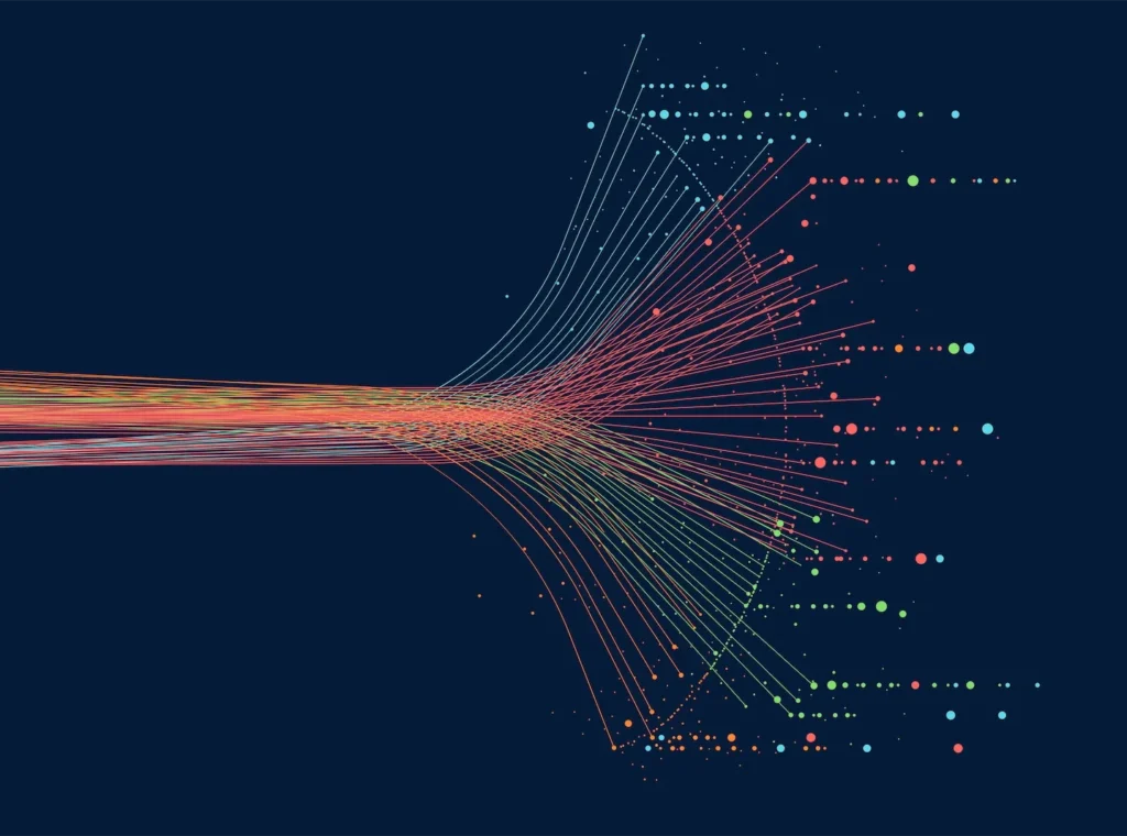 Visualization of colorful lines flowing from left to right, expanding into curved paths connected to varied-sized dots, representing IDEA Pharma's path-to-market strategy.