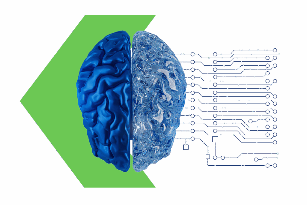 A futuristic brain with AI-style data connections underlaid by left green arrow, representing SAI MedPartners' primary competitive intelligence.
